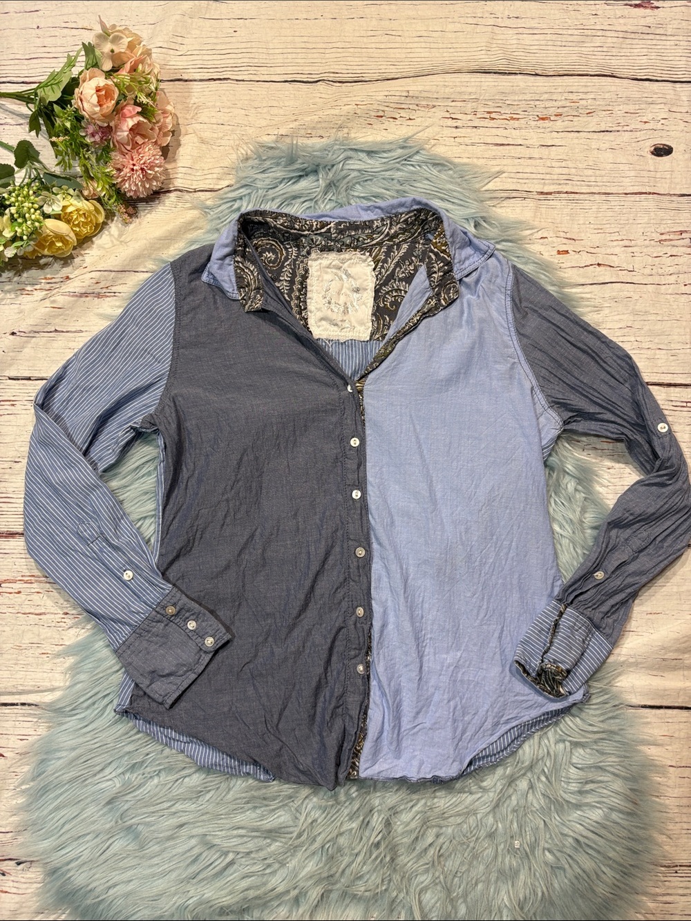 Cino Striped Blue Colorblock Button Down Top